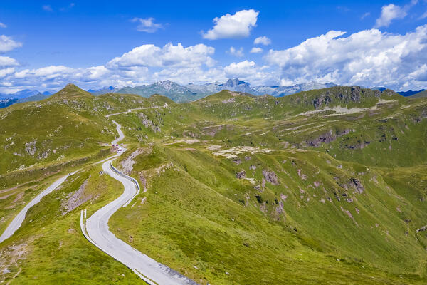 Aerial view of the road from Dosso dei Galli towards Maniva area and Crocedomini pass. Maniva, Bagolino, Maniva, Brescia province, Lombardy, Italy, Europe.