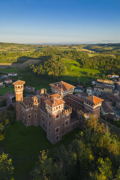 Aerial view at sunset of the Castle of Cereseto, Alessandria district, Monferrato, Piedmont, Italy, Europe.