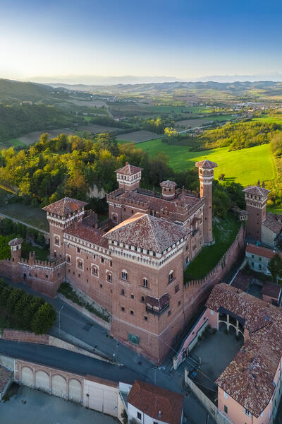 Aerial view at sunset of the Castle of Cereseto, Alessandria district, Monferrato, Piedmont, Italy, Europe.