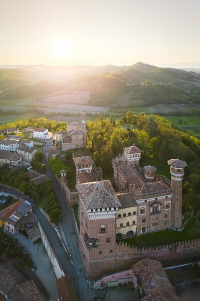 Aerial view at sunset of the Castle of Cereseto, Alessandria district, Monferrato, Piedmont, Italy, Europe.
