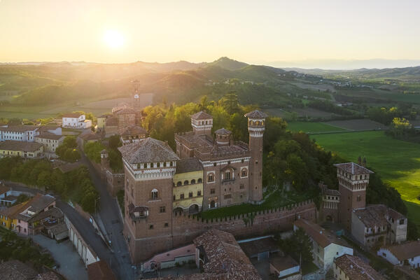 Aerial view at sunset of the Castle of Cereseto, Alessandria district, Monferrato, Piedmont, Italy, Europe.