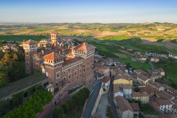 Aerial view at sunset of the Castle of Cereseto, Alessandria district, Monferrato, Piedmont, Italy, Europe.