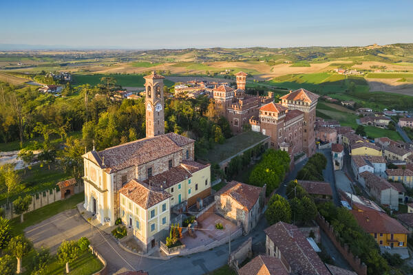Aerial view at sunset of the Castle of Cereseto, Alessandria district, Monferrato, Piedmont, Italy, Europe.