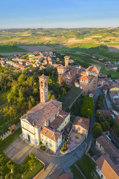Aerial view at sunset of the Castle of Cereseto, Alessandria district, Monferrato, Piedmont, Italy, Europe.