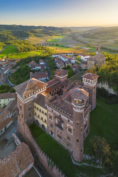 Aerial view at sunset of the Castle of Cereseto, Alessandria district, Monferrato, Piedmont, Italy, Europe.