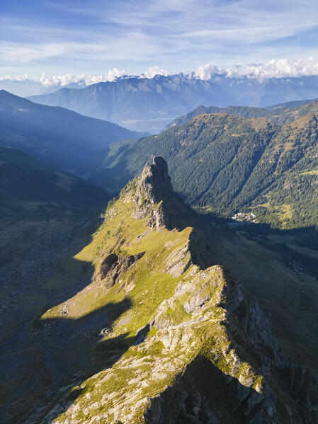 Aerial view of the Rifugio Benigni at sunset. Ornica, Val Salmurano, Val Brembana, Alpi Orobie, Bergamo, Bergamo Province, Lombardy, Italy, Europe.