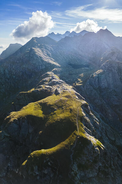 Aerial view of the area near Rifugio Benigni at sunset. Ornica, Val Salmurano, Val Brembana, Alpi Orobie, Bergamo, Bergamo Province, Lombardy, Italy, Europe.