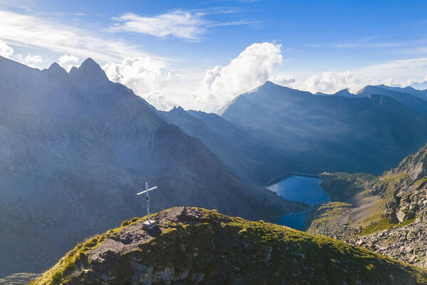 Aerial view of the Cima Piazzotti, Laghi di Trona and Pizzo di Trona at sunset. Ornica, Val Salmurano, Val Brembana, Alpi Orobie, Bergamo, Bergamo Province, Lombardy, Italy, Europe.