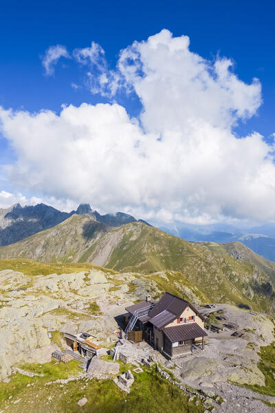 Aerial view of the Rifugio Benigni at sunset. Ornica, Val Salmurano, Val Brembana, Alpi Orobie, Bergamo, Bergamo Province, Lombardy, Italy, Europe.