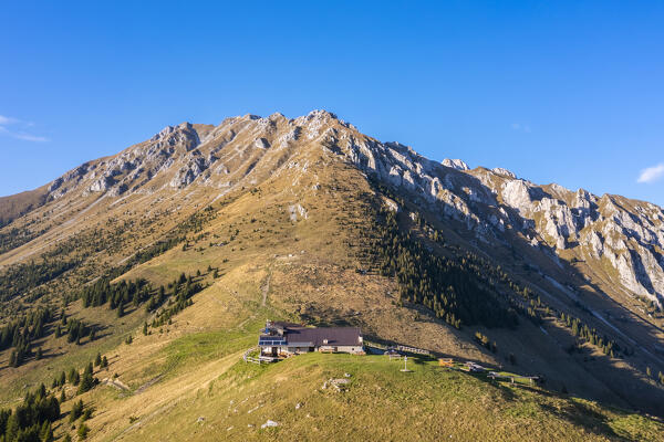 Aerial view of the Rifugio San Fermo at the bottom of the Corna di San Fermo, part of Pizzo Camino. Borno, Valcamonica, brescia district, Lombardy, Italy.