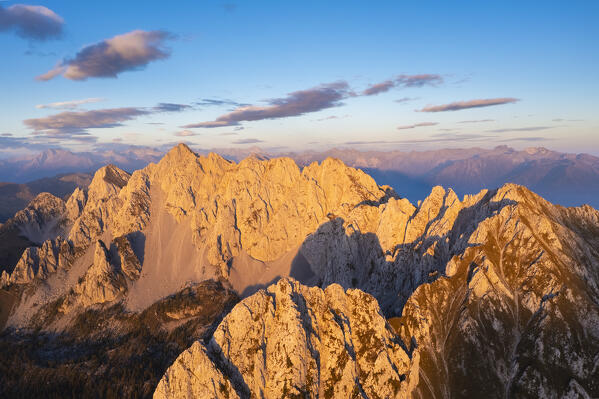 Aerial view of the Corna di San Fermo and Cima Moren, part of Pizzo Camino, at sunset. Borno, Valcamonica, brescia district, Lombardy, Italy.