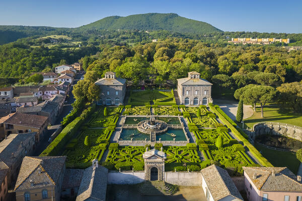 Sunrise at beautiful gardens of Villa Lante. Bagnaia, Viterbo district, Lazio, Italy, Europe.