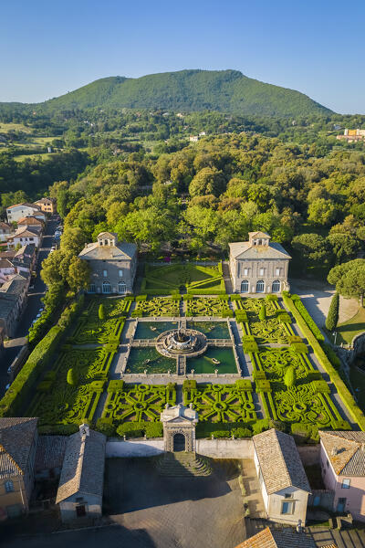 Sunrise at beautiful gardens of Villa Lante. Bagnaia, Viterbo district, Lazio, Italy, Europe.