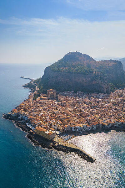 Aerial view of the ancient town of Cefalù, Unesco World Heritage site, Palermo district, Sicily, Italy.