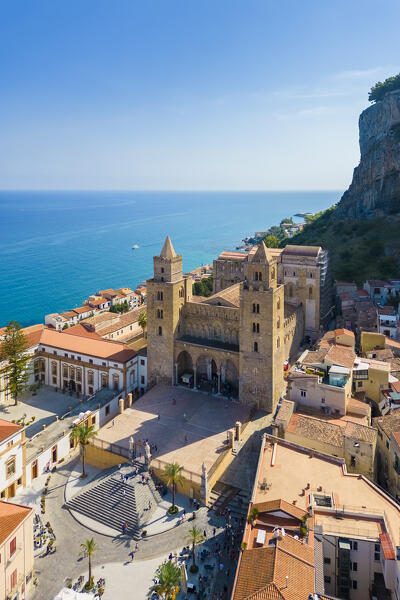 Aerial view of the ancient town of Cefalù, Unesco World Heritage site, Palermo district, Sicily, Italy.