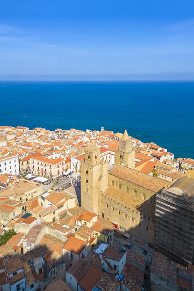 Aerial view of the ancient town of Cefalù, Unesco World Heritage site, Palermo district, Sicily, Italy.