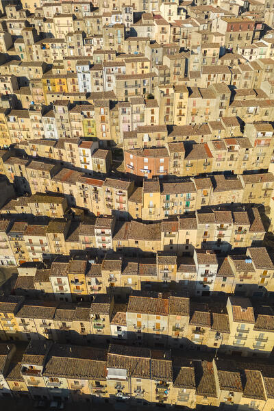 Aerial view of the labyrinthine houses of the old town of Gangi, Palermo district, Sicily, Italy.