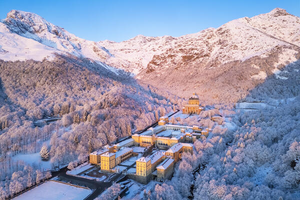 Aerial view of the Sanctuary of Oropa in winter at dawn. Biella, Biella district, Piedmont, Italy, Europe.