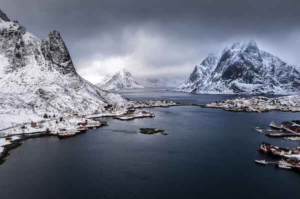Aerial panoramic view of the Reine Bay in winter, Lofoten Islands, Norway.
