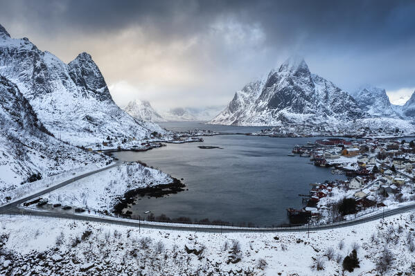 Aerial panoramic view of the Reine Bay in winter, Lofoten Islands, Norway.