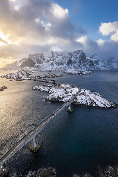 Aerial view of the Sakrisøya island and Reine Bay towards Reinebringen in winter, Lofoten Islands, Norway.