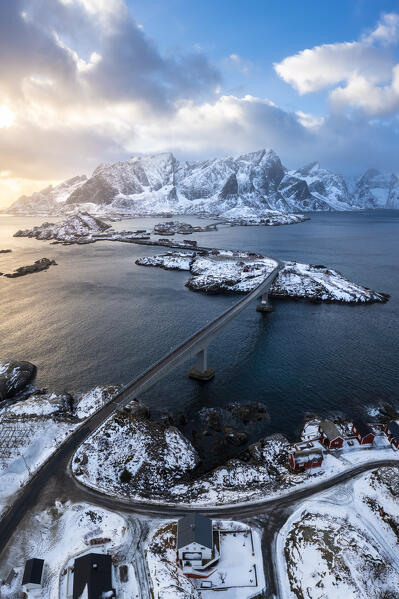 Aerial view of the Sakrisøya island and Reine Bay towards Reinebringen in winter, Lofoten Islands, Norway.
