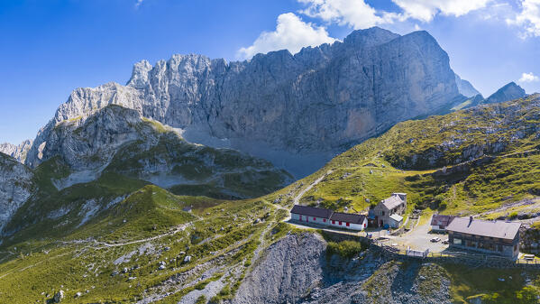 Aerial view of the Albani refuge and the north face of the Presolana. Val di Scalve, Bergamo district, Lombardy, Italy, Southern Europe.