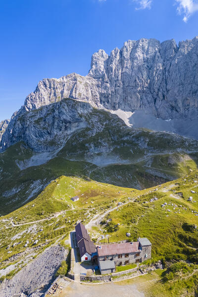 Aerial view of the Albani refuge and the north face of the Presolana. Val di Scalve, Bergamo district, Lombardy, Italy, Southern Europe.