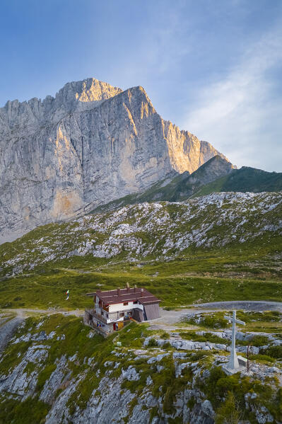 Aerial view of the Albani refuge and the north face of the Presolana at sunset. Val di Scalve, Bergamo district, Lombardy, Italy, Southern Europe.