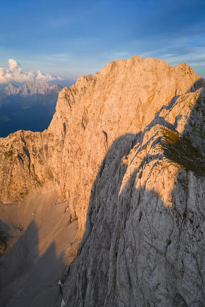 Aerial view of north face of the Presolana at sunset. Val di Scalve, Bergamo district, Lombardy, Italy, Southern Europe.