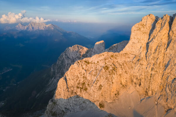 Aerial view of north face of the Presolana at sunset. Val di Scalve, Bergamo district, Lombardy, Italy, Southern Europe.