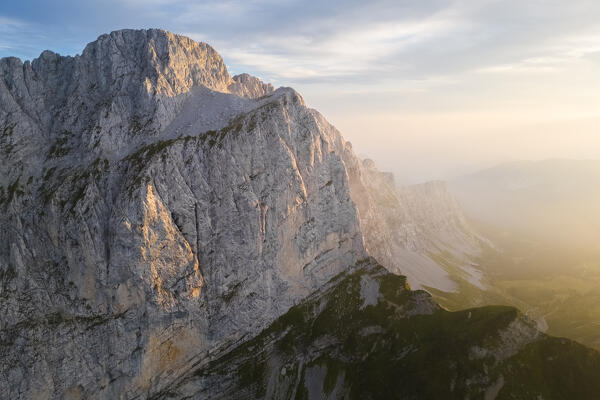 Aerial view of north corner of the Presolana at sunset. Val di Scalve, Bergamo district, Lombardy, Italy, Southern Europe.