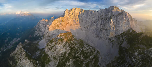 Aerial view of north face of the Presolana at sunset. Val di Scalve, Bergamo district, Lombardy, Italy, Southern Europe.
