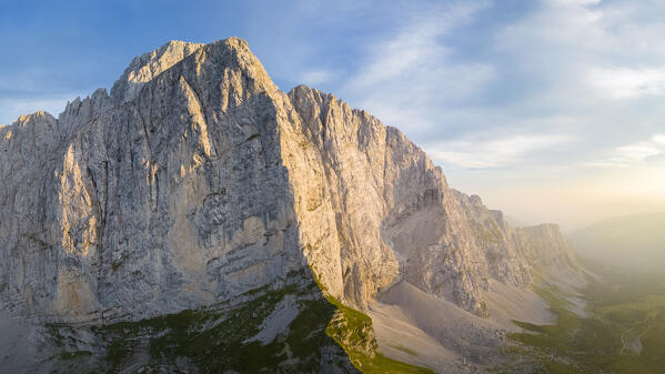 Aerial view of north corner of the Presolana at sunset. Val di Scalve, Bergamo district, Lombardy, Italy, Southern Europe.