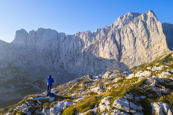 Aerial view of the north face of the Presolana at sunrise. Val di Scalve, Bergamo district, Lombardy, Italy, Southern Europe.