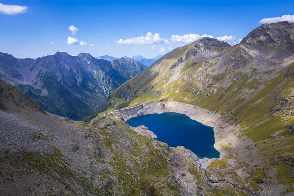 View of the Franco Tonolini refuge and Lake Rotondo in the beautiful Val Miller. Sonico, Val Camonica, Brescia district, Lombardy, Italy.