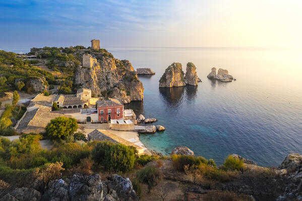 Aerial view of the famous old tonnara and stacks of Scopello. Castellammare del Golfo, Trapani district, Sicily, Italy
