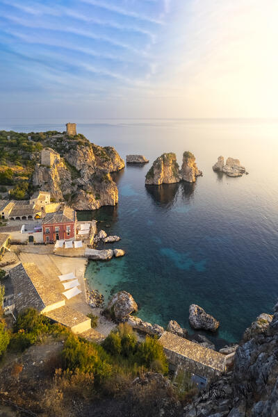 Aerial view of the famous old tonnara and stacks of Scopello. Castellammare del Golfo, Trapani district, Sicily, Italy