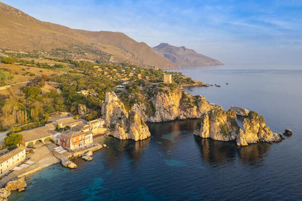 Aerial view of the famous old tonnara and stacks of Scopello. Castellammare del Golfo, Trapani district, Sicily, Italy
