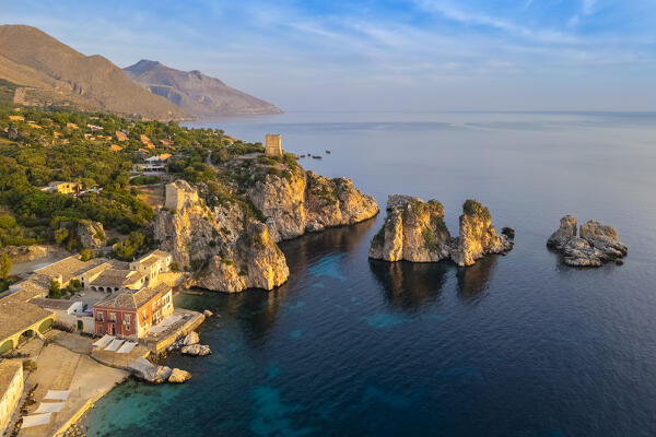 Aerial view of the famous old tonnara and stacks of Scopello. Castellammare del Golfo, Trapani district, Sicily, Italy