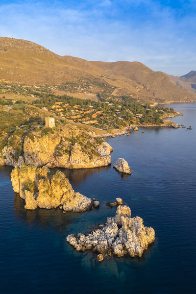 Aerial view of the famous old tonnara and stacks of Scopello. Castellammare del Golfo, Trapani district, Sicily, Italy