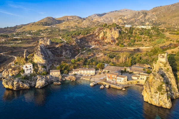 Aerial view of the famous old tonnara and stacks of Scopello. Castellammare del Golfo, Trapani district, Sicily, Italy