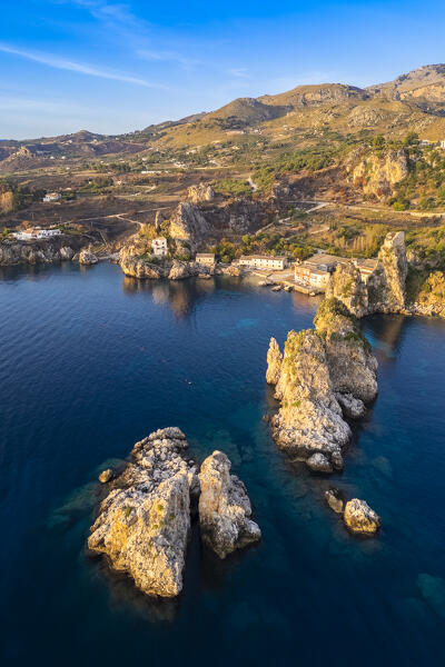 Aerial view of the famous old tonnara and stacks of Scopello. Castellammare del Golfo, Trapani district, Sicily, Italy
