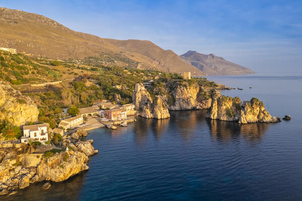 Aerial view of the famous old tonnara and stacks of Scopello. Castellammare del Golfo, Trapani district, Sicily, Italy