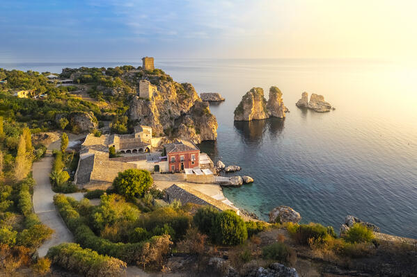 Aerial view of the famous old tonnara and stacks of Scopello. Castellammare del Golfo, Trapani district, Sicily, Italy