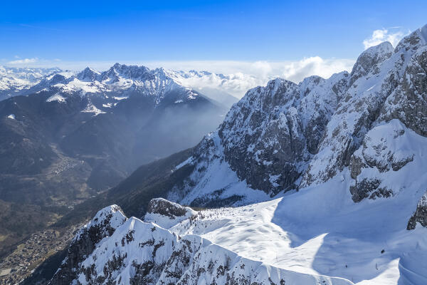 Aerial view of the north face of the Presolana in winter. Val di Scalve, Bergamo district, Lombardy, Italy, Southern Europe.