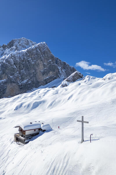 Aerial view of the Albani refuge and the north face of the Presolana in winter. Val di Scalve, Bergamo district, Lombardy, Italy, Southern Europe.
