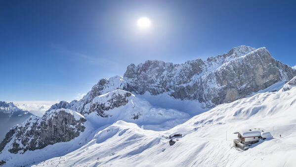Aerial view of the Albani refuge and the north face of the Presolana in winter. Val di Scalve, Bergamo district, Lombardy, Italy, Southern Europe.