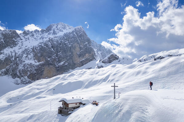 Aerial view of the Albani refuge and the north face of the Presolana in winter. Val di Scalve, Bergamo district, Lombardy, Italy, Southern Europe.