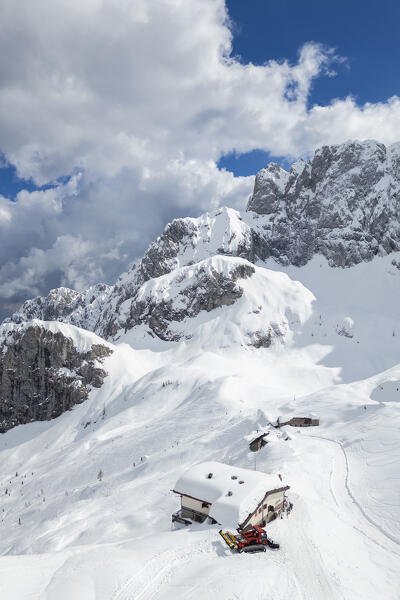 Aerial view of the Albani refuge and the north face of the Presolana in winter. Val di Scalve, Bergamo district, Lombardy, Italy, Southern Europe.